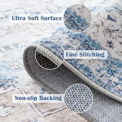 jinchan Kelda Runner Rug 3x10 Washable Rug Soft Hallway Runner Indoor Vintage Print Floor Cover Retro Distressed Lightweight Non-Slip Thin Carpet for Bathroom Kitchen Living Room Bedroom Blue