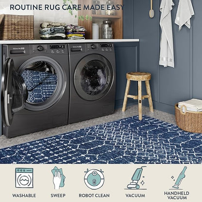Lahome Moroccan Blue Rugs for Living Room Washable Rugs 8x10 Non-Slip Ultra-Thin Extra Large Area Rug Throw Stain Resistant Rug for Dining Room Table, Geometric Print Modren Rug for Bedroom Office
