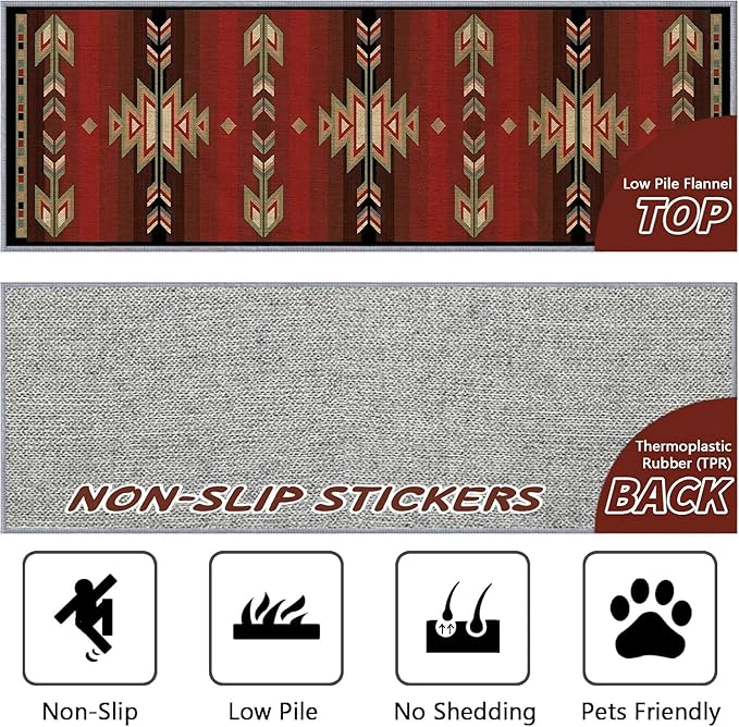 Red Arrow Runner Rug, 1.3x7ft Retro Geometric Hallway Runner Rug - Corridor & Busy Home Foyer Rugs, Washable Flannel Non-Slip Mat, Southwestern Tribe Decor Carpet for High-Traffic Areas