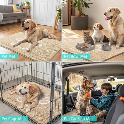 Smiry Dog Door Mat for Muddy Paws, Absorbent Dirt Trapper Non Slip Quick Dry Washable Chenille Mat for Mud Dogs, Entry Rug for Indoor and Outdoor (70x24 Inches, Beige and White)