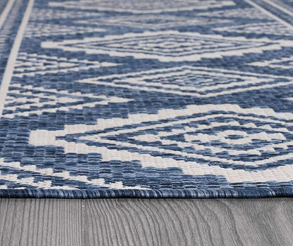 Beverly Rug Waikiki Boho Indoor Outdoor Rug 8x10, Washable Outside Carpet for Patio, Deck, Porch, Bohemian Area Rug, Farmhouse Rugs, Aztec Tribal Rug, Azure and White