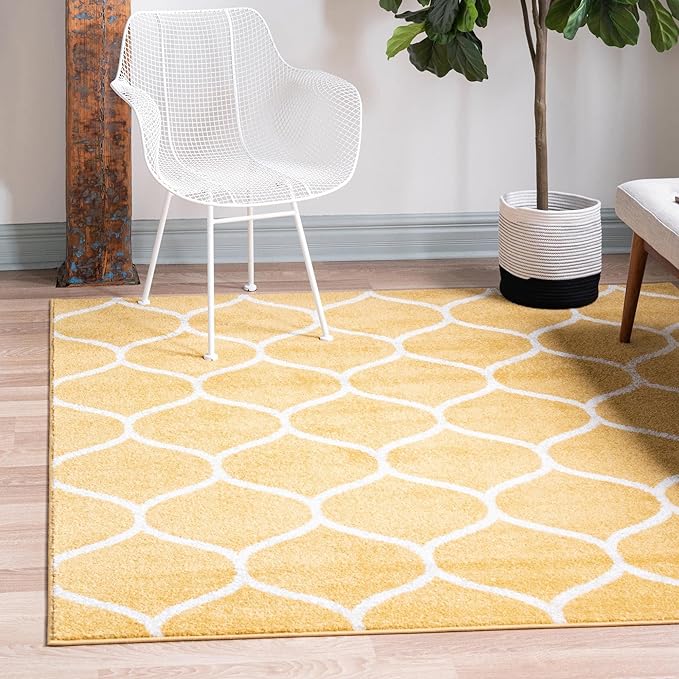 Rugs.com Lattice Frieze Collection Rug – 5' Square Yellow Medium Rug Perfect for Living Rooms, Kitchens, Entryways