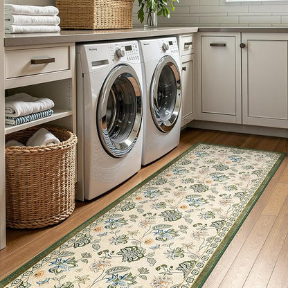 jinchan Elora 3x10 Floral Runner Rug for Hallway Washable Kitchen Runner Vintage Romance Design Non Slip Thin Indoor Floor Cover Low-Profile Throw Carpet for Entryway Bathroom Bedroom, Green/Beige