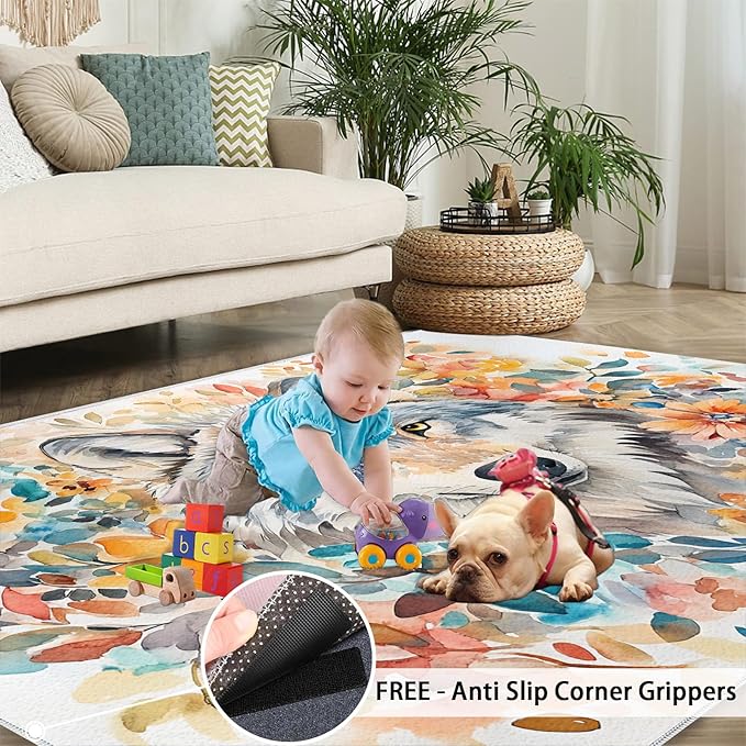 3x4 Wolf Rugs for Entryway - Watercolor Florals Kids Bedroom Rug, Animals Mudroom Rug Soft for Coffee Shop Living Room Under Table Game Room