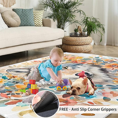 5x6 Wolf Rugs for Office - Watercolor Florals Living Room Carpet, Animals Bedroom Area Rug Kids Low Pile Rug for Indoor Outdoor Hardwood Floors Home Decor