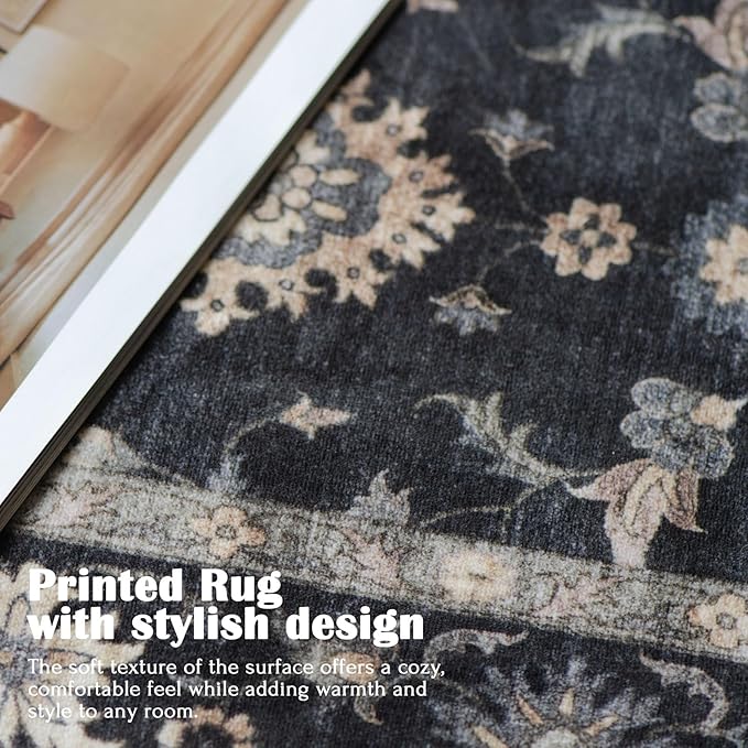 Washable Round Area Rug 8ft - Charcoal Black Traditional Floral Living Room Circle Rug 8x8 Non-Slip Farmhouse Dining Room Carpet Soft Vintage Boho Round Rugs for Bedroom Office Entryway