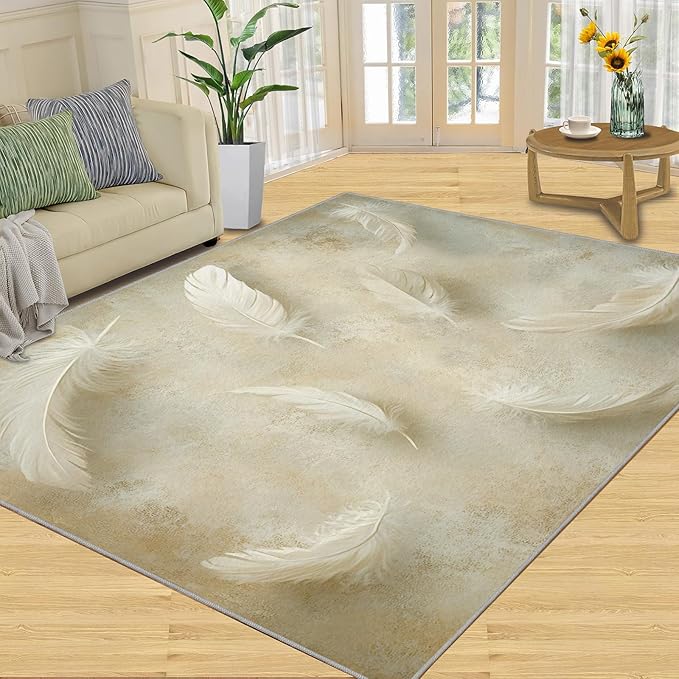 5x8 Feathers Kids Rug - Minimalist Feathers Dining Room Rug, Natural Still Life Area Rugs Indoor Modern Rugs for Bedroom Hardwood Floors Teen Room