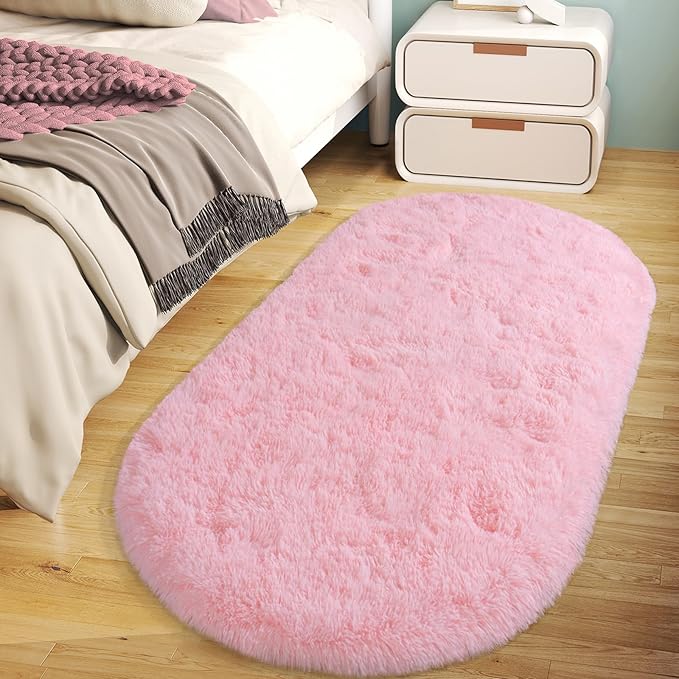 Soft Fluffy Area Rug for Bedroom, Pink Fuzzy Shaggy Oval Throw Rugs for Bedside, Non-Slip Cozy Plush Shag Carpet for Girls Kids Room Dorm Nursery Living Room, 2.6 x 5.3 Feet