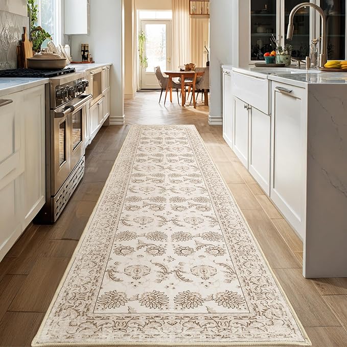 XWZO Runner Rug 2x10ft for Long Hallways, Washable Non-Slip Low Pile Area Rug with Rubber Backing, Spill Resistant Soft Vintage Floor Carpet for Kitchen Entryway Stair Landing Living Room, Beige
