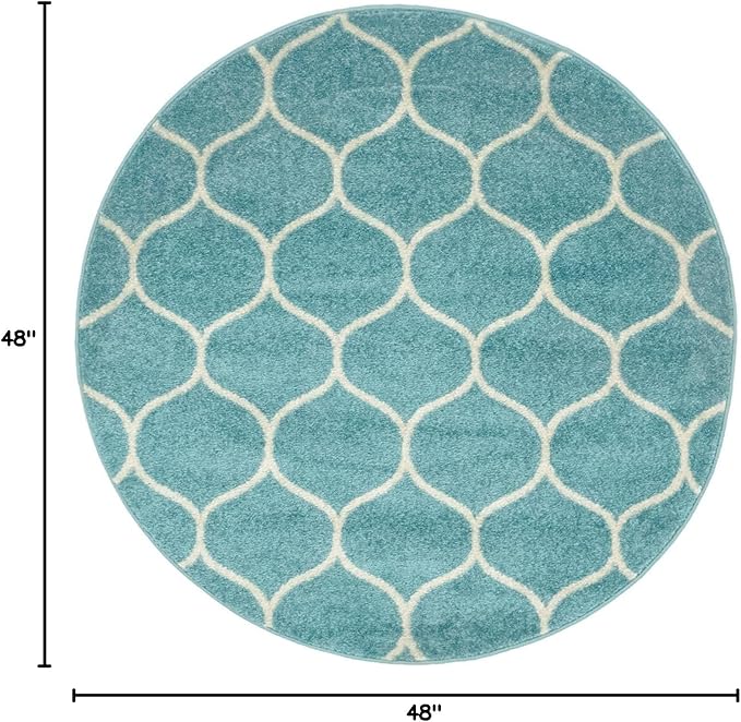 Rugs.com Lattice Frieze Collection Rug – 4' Round Light Blue Medium Rug Perfect for Kitchens, Dining Rooms