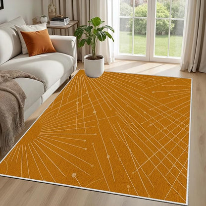 Modern Washable Area Rug 5x6, Boho Minimalist Non-Slip Rugs, Abstract Striped Soft Carpet for Living Room Bedroom Nursery Room Home Decor Office, Pet Friendly, Orange Beige