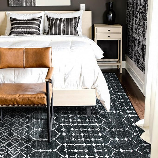 Lahome Moroccan Black Area Rugs 8x10 Living Room Non-Slip Backing Ultra-Thin Large Rug Throw Stain Resistant Dining Room Rugs for Under Table, Geometric Print Modren Soft Rug for Bedroom Office