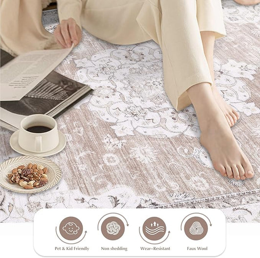 Runner Rug 2x6 Entryway Rug - Machine Washable Vintage Boho Area Rug Non-Slip Kitchen Runner Soft Stain Resistant Runners for Hallways Entryway Laundry Kitchen Bathroom Bedroom(Cream Ivory, 2'x6')
