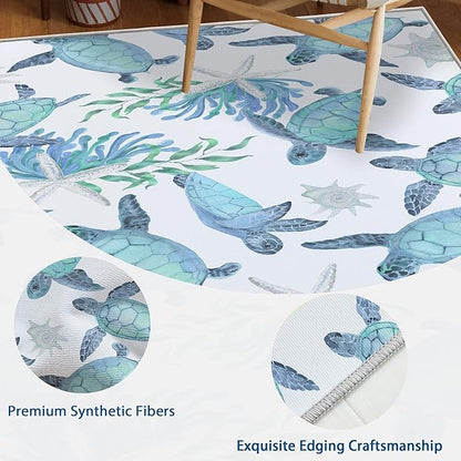 Tritard Coastal Sea Turtles Area Rugs Beach Themed Nautical Starfish Coral Accent Rugs Non-Slip Sea Marine Life Rugs Floor Carpet for Living Room Bedroom, Teal, 5x7 Feet