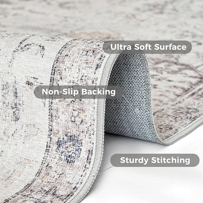 jinchan Kalen Round Rug 4ft Area Rug Washable Vintage Indoor Retro Entryway Floor Cover Distressed Gray Floral 4' Round Circle Boho Non Slip Thin Carpet for Bedroom Living Room Dining Room Grey