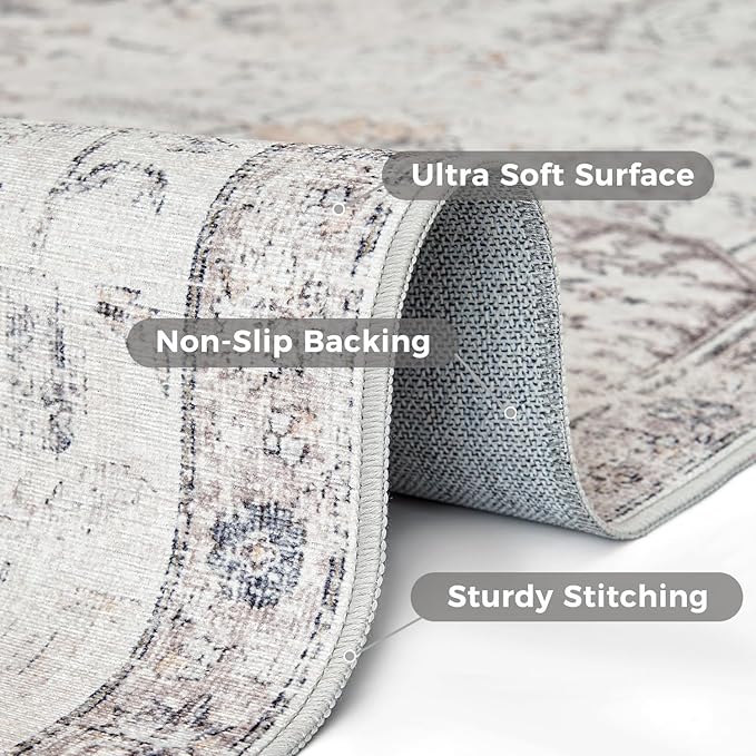 jinchan Kalen Runner Rug 2x7 Washable Hallway Rug Vintage Indoor Thin Retro Floor Cover Distressed Gray Floral Country Lightweight Non Slip Carpet for Entryway Bathroom Bedroom Living Room Grey