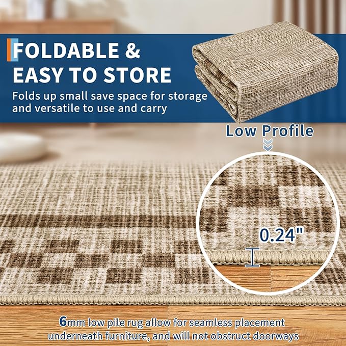 GarveeHome Washable Area Rugs 10x13 Non Slip Soft Large Living Room Rug Modern Checkered Bedroom Rug Soft Geometric Bordered Throw Carpet for Dining Room Home Decor Office Nursery, Taupe