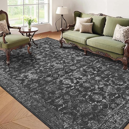 Washable Area Rug 6x9 Black Rugs for Living Room, Vintage Boho Large Rug for Bedroom Dining Room Office, Distressed Floral Print Carpet for Under Table, Soft Non Slip Low Pile Throw Carpet Indoor Mat