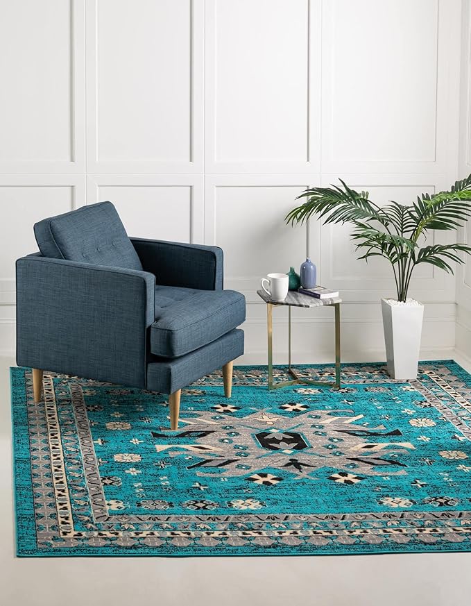Unique Loom Taftan Collection Border Geometric Tribal Inspired Design Area Rug (8' 0 x 8' 0 Square, Turquoise/ Gray)