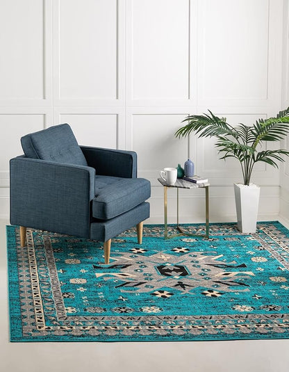 Unique Loom Taftan Collection Border Geometric Tribal Inspired Design Area Rug (8' 0 x 8' 0 Square, Turquoise/ Gray)