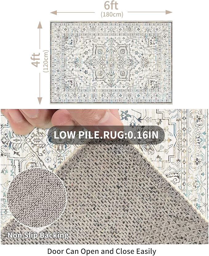 Enkor Area Soft Rugs 4x6 Washable Non Slip Boho Floor Rugs for Living Room Bedroom, Vintage Style Farmhouse Mat for Kitchen Entryway White & Grey