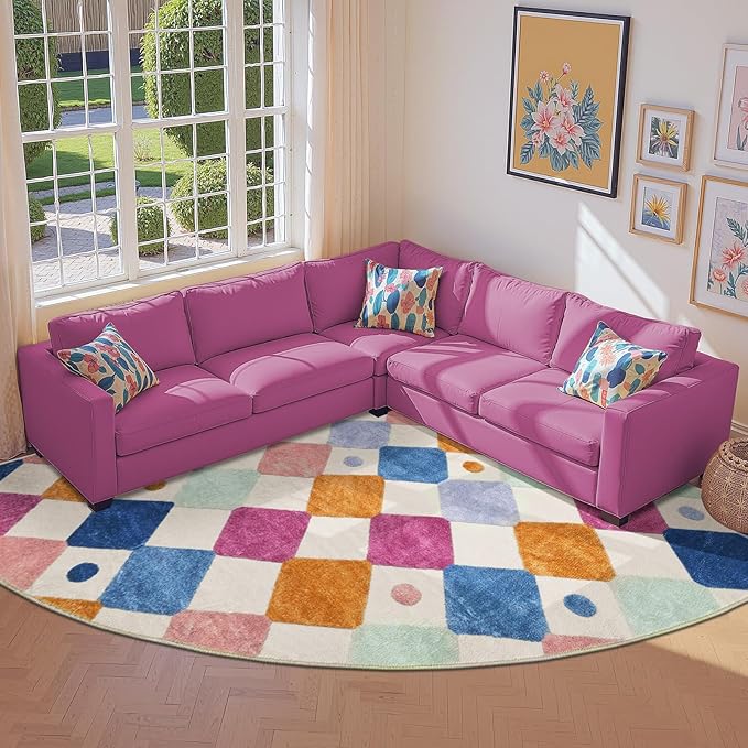 jinchan Macy Kids Rug for Classroom 8ft Radius Corner Washable Area Rug Modern Colorful Quarter Circle Rug Soft Non-Slip Carpet for Nursery Playroom Daycare Reading Nook Living Room Berries on Cream