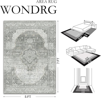 2x6 Grey Washable Vintage Runner Rug for Living Room Bedroom Non Slip Distressed Traditional Soft Runner Rug Low Pile Lightweight Floral Runner Kitchen Hallway Entrance