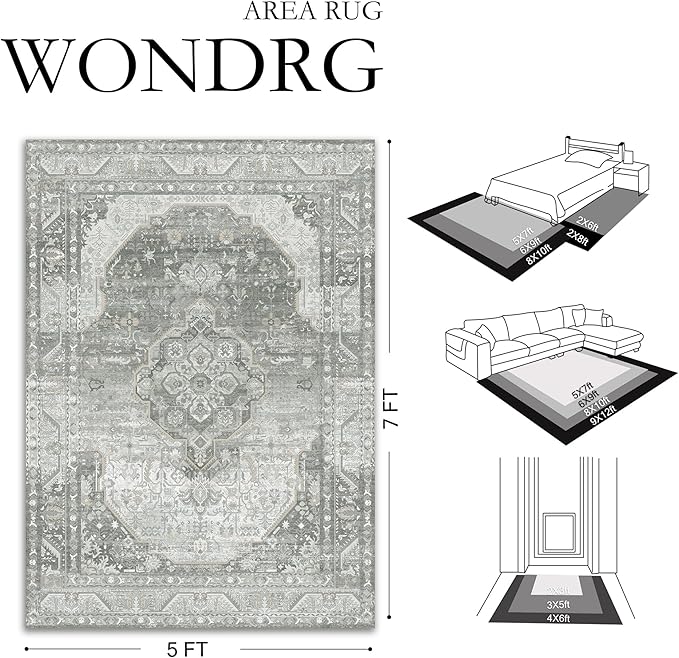 8x10 Grey Washable Vintage Area Rug for Living Room Bedroom Non Slip Distressed Traditional Soft Large Throw Rug Low Pile Lightweight Floral Carpet Office Indoor Classroom Dining Room