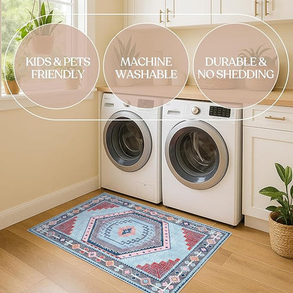 Fame Living Washable Area Rug. Modern Farmhouse. Vintage. Turkish. Bohemian. Distressed. Oriental. Traditional. Rugs for Living Room. Dining. Bedroom. Office. Entryway. Foyer. (856BlM, 2'5" x 9'8")