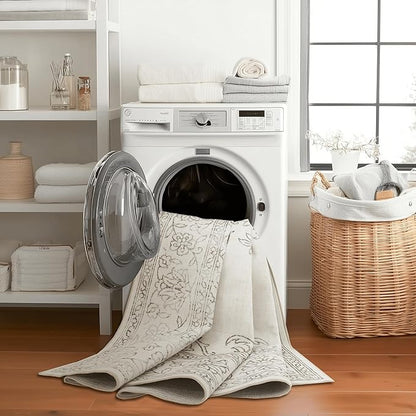 ReaLife Rugs Machine Washable Area Rug Runner - Living Room Bedroom Bathroom Kitchen Entryway Office - Padded Low Pile Stain Resistant Premium - Boho Farmhouse Vintage - Paige - Ivory 3' x 5'