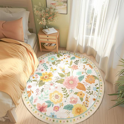 Floral 8ft Area Rug Machine Washable Soft Print Boho Carpet Non Slip Doormat Low Pile Flower Area Rugs for Living Room Bedroom Nursery Kitchen Dining Room Indoor-Beige/White/Orange