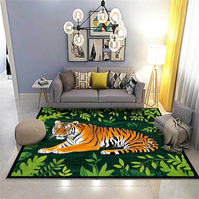 Tiger Rugs，5x7ft,Tiger and Green Leaf Print Rug for Living Room，A Colorful and Artistic Tiger Rug, Perfect for A Children's Play Area，Machine Washable Non-Slip Carpet Suitable for Bedroom and Study