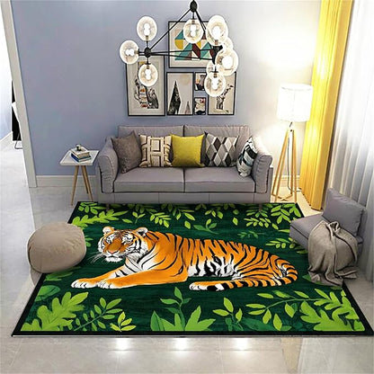 Tiger Rugs，3x5ft,Tiger and Green Leaf Print Rug for Living Room，A Colorful and Artistic Tiger Rug, Perfect for A Children's Play Area，Machine Washable Non-Slip Carpet Suitable for Bedroom and Study