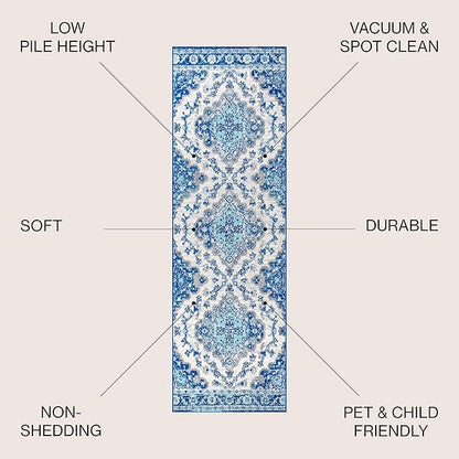 JONATHAN Y Boho Vintage Cream/Blue Runner Rug, 2x8, Bohemian Flair Medallion, Floral Easy-Cleaning High Traffic for Living Room, Bedroom, Kitchen, Pet-Friendly, Non Shedding (BMF106A-28)