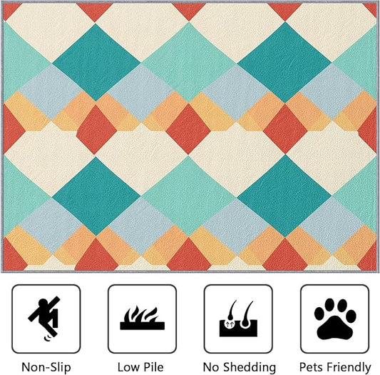 Geometric Rugs for Bedroom - 4x5ft - Colorful Retro Mid Century Modern Rugs for Living Room Non Slip Low Pile Machine Washable Area Rug, Geometric Carpets Home Decor & Gifts