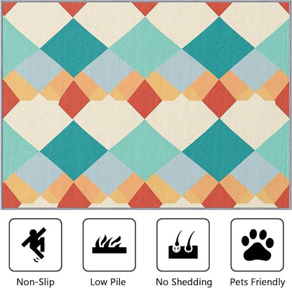 5x7 Rug Washable - Geometric Rugs for Living Room, Colorful Retro Mid Century Modern Non Slip Low Pile Area Rugs for Bedroom, Geometric Carpet Home Decor & Gifts