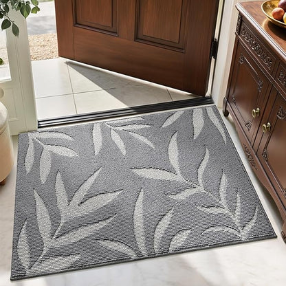 LUMI Indoor Door Mat 24x36, Washable Front Doormat with Welcome Leaf Pattern, Non-Slip Rubber Back Absorbent Mats for Entrance, Patio, Garage, Light Grey