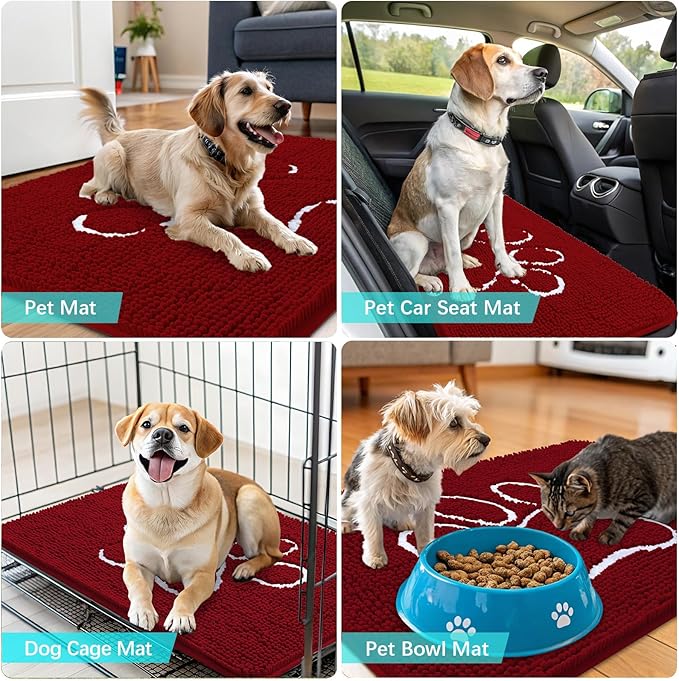 OLANLY Dog Door Mat for Muddy Paws 48x30, Paw Print Design, Absorbs Moisture and Dirt, Absorbent Non-Slip Washable Doormat, Quick Dry Chenille Mud Mat for Dogs, Entry Indoor Entryway Carpet, Red