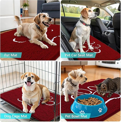 OLANLY Dog Door Mat for Muddy Paws 36x24, Paw Print Design, Absorbs Moisture and Dirt, Absorbent Non-Slip Washable Doormat, Quick Dry Chenille Mud Mat for Dogs, Entry Indoor Entryway Carpet, Red