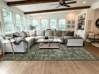 Morebes Vintage Dark Green Living Room Rug, 9x12 Area Rug Large Washable Rugs for Bedroom, Soft Dining Room Carpet Non-Slip Non-Shedding Throw Rug for Farmhouse Indoor Kids Playroom