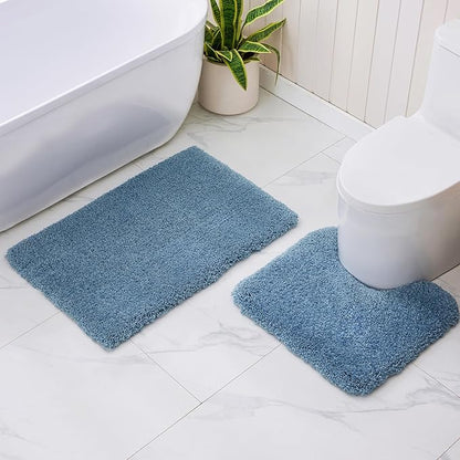 Blue Toilet Rug 22x24 Non Slip Fluffy Toilet Floor Mat U Shaped Washable Bathroom Contour Rug for Toilet Absorbent Thick Toilet Carpet
