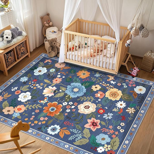 Floral 5x7 Area Rug Machine Washable Soft Print Boho Carpet Non Slip Doormat Low Pile Flower Area Rugs for Living Room Bedroom Nursery Kitchen Dining Room Indoor-Blue/Grey