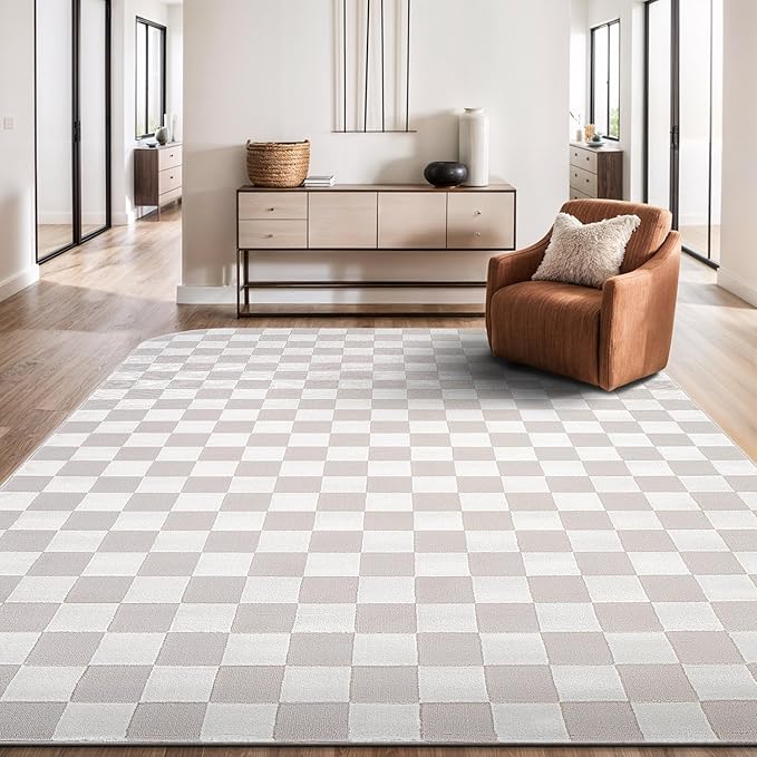 Beverly Rug Modern Geometric Area Rug 9x12 Low-High Pile Durable Soft Abstract Checkered Indoor Rugs for Living Dining Room Office Stain Resistant Non Shedding Casual Indoor Carpet Beige White 9 x 12