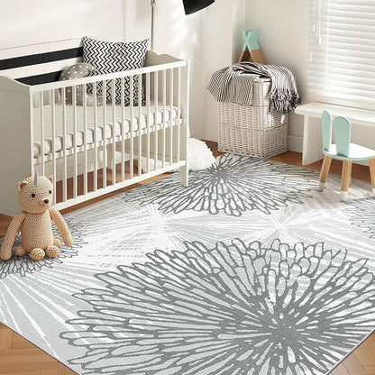 WITSHOCK 8x10 Washable Rug for Living Room,Modern Floral Distress Print Pattern Area Rugs,Stain Resistant with Non Slip Backing Carpet for Dining Room,Bedroom & Home Decor,Grey White