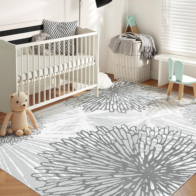 WITSHOCK 9x12 Washable Rug for Living Room,Modern Floral Distress Print Pattern Area Rugs,Stain Resistant with Non Slip Backing Carpet for Dining Room,Bedroom & Home Decor,Grey White