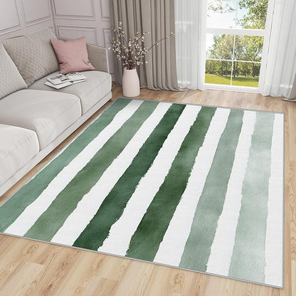 Striped Rug 3x5 - Green and White Stripe Minimalist Watercolor Rugs for Bedroom Non Slip Low Pile Machine Washable Area Rugs for Living Room Kitchen, Striped Carpet House Decor & Gifts