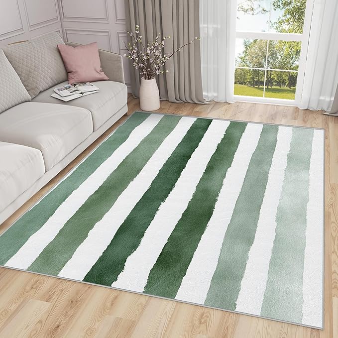 Striped Rugs for Living Room - 5x6ft - Green and White Stripe Minimalist Watercolor Rug for Bedroom Non Slip Low Pile Machine Washable Area Rugs, Striped Carpets House Decor & Gifts