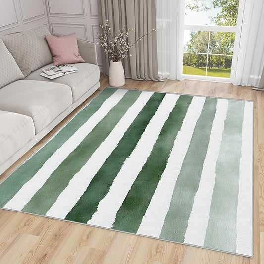 Striped Large Rug - 7x9 Area Rug - Green and White Stripe Minimalist Watercolor Rugs for Living Room Non Slip Low Pile Machine Washable Dining Room Rugs, Striped Carpet Home Decor & Gifts