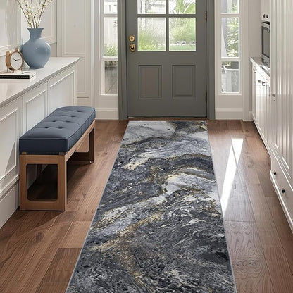 Abstract 2x8 Runner Rug: Modern Washable Rug for Entryway Hallway Bedside Kitchen Indoor - Non Slip Thin Low Pile - Black Gold