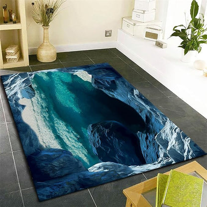 Blue Cave 3D Rugs for Bedroom, 8x10ft, Illusion Natural Landscape Blue Water Pool Entryway Rug, Rubber Backed Non Skid Low Pile Carpet，Foldable Soft No Crease Mats for Sofa Indoor